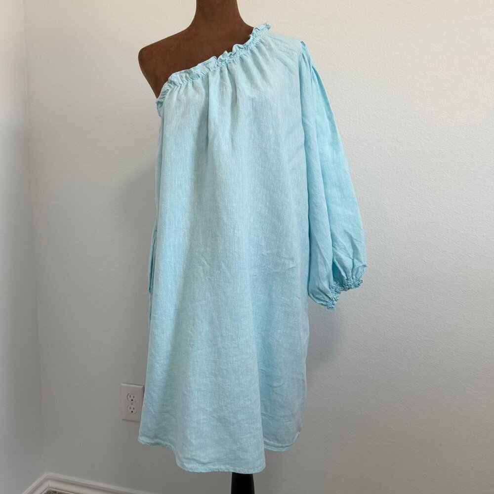 Lake One Shoulder Long Sleeve Pockets 100% Linen Dress Women's Size L